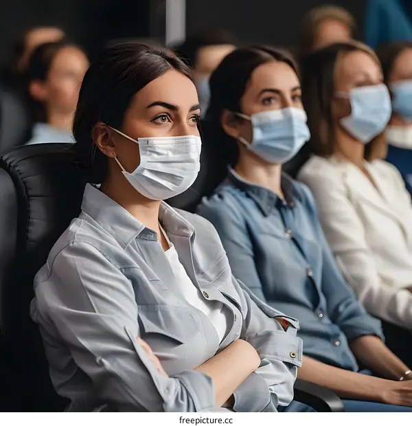 Caucasian Women Wearing Face Masks During a Conference
