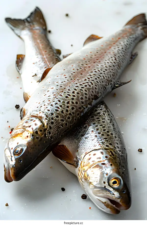 Two Fresh Trouts on White Background