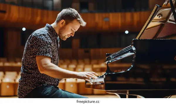 Man Playing Piano in Concert Hall