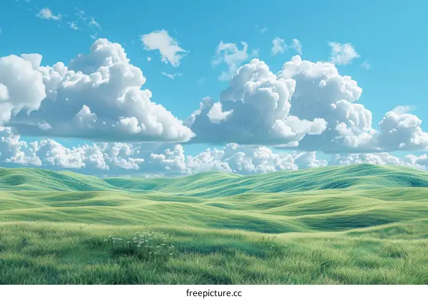 Green rolling hills under blue sky with white clouds