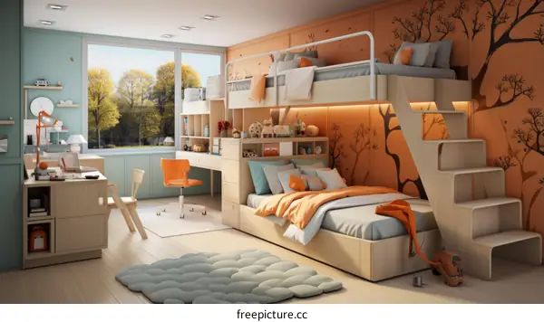 Modern and Stylish Bedroom with Tree Mural and Bunk Beds