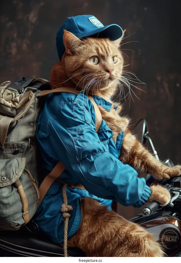 Ginger cat in a blue hat and jacket riding a motorcycle