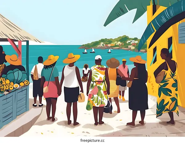Tropical Beach Illustration with People in Colorful Clothing
