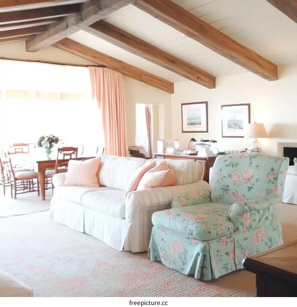 Elegant Living Room with Wooden Beams and Soft Colors