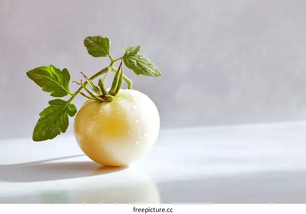 Fresh Ripe Light Yellow Tomato with Leaves