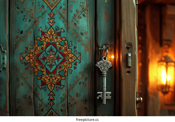 ornate door with key hanging on it