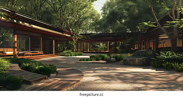 Modern Japanese Style House With Green Trees And Stone In Backyard