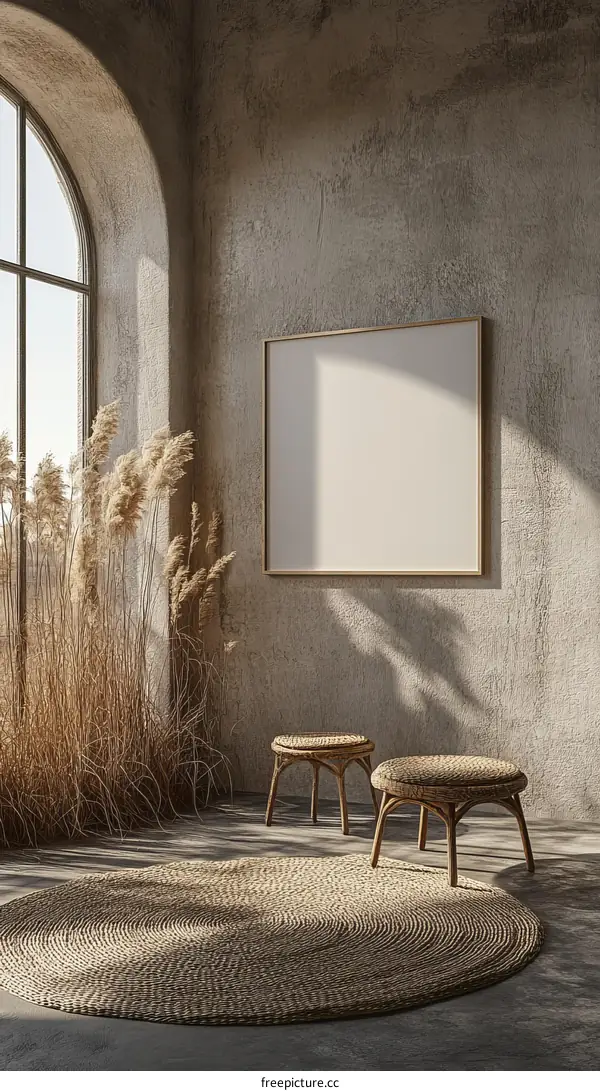 Bohemian Style Interior with Blank Canvas