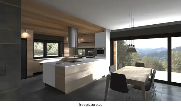 Modern Kitchen with Wood Design and Mountain View
