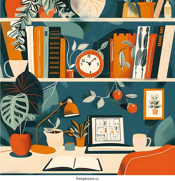 Colorful Illustration of a Home Office with Plants and Books