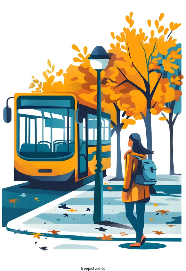 Autumn Day, Woman Waiting for Bus in Fall