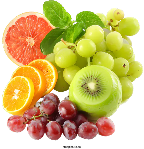 [Transparent Background PNG]Fresh Fruits Assortment with Grape, Orange, Kiwi and Grapefruit