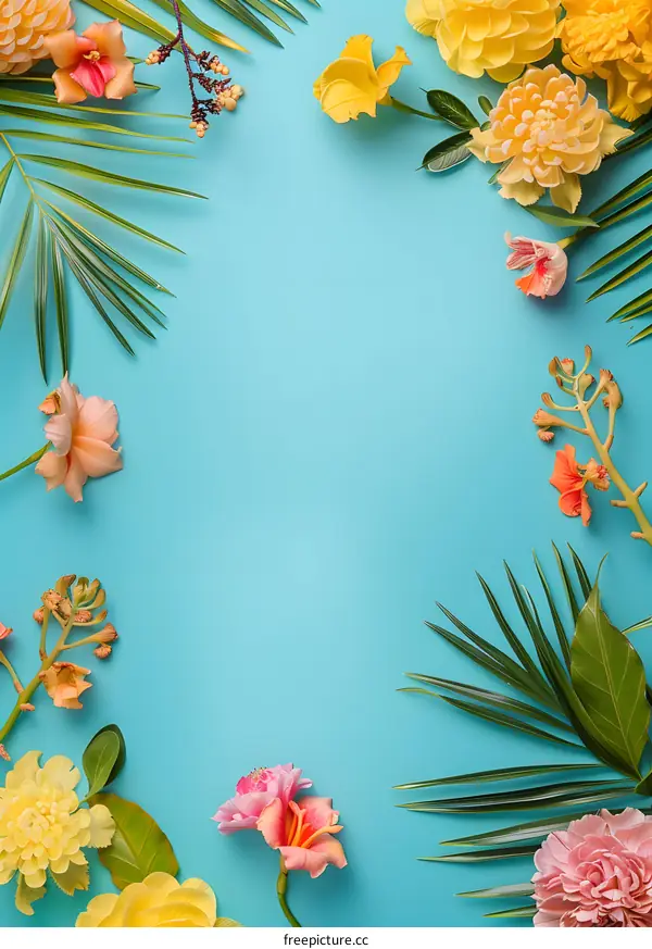 Tropical Flower Arrangement on Blue Background