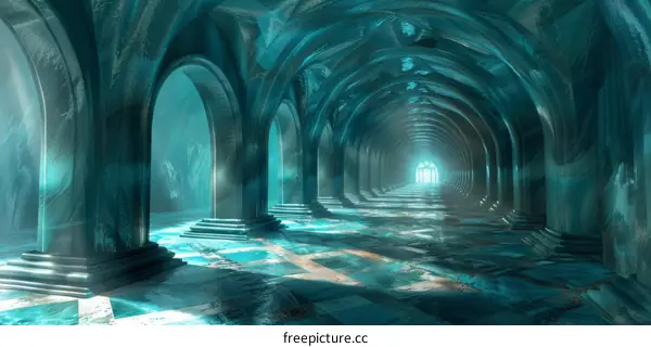 fantasy blue green marble temple hallway vanishing point