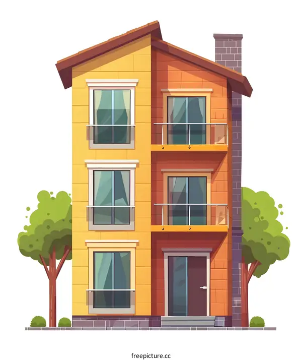 Cartoon Illustration of a Yellow and Orange Building with Balconies