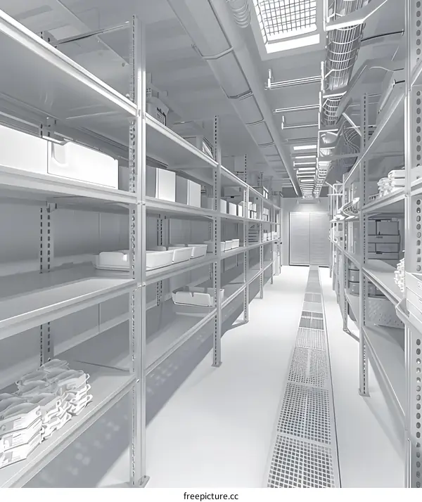 Empty Warehouse Interior With Metal Shelves