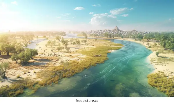 A river flowing through an ancient city