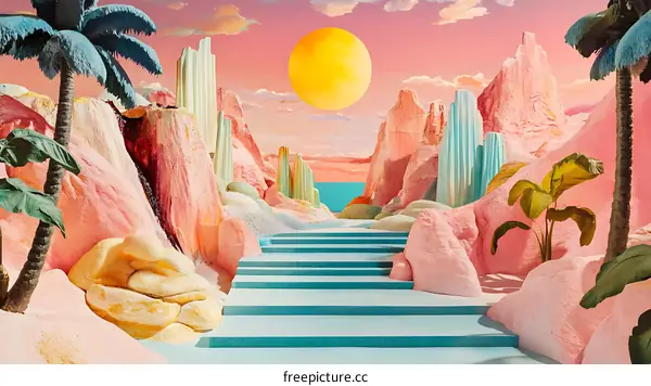 Surreal Landscape With Pink Rocks And Blue Sky
