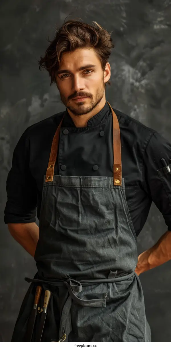 Portrait of a male chef in a black uniform with leather apron and knife holder