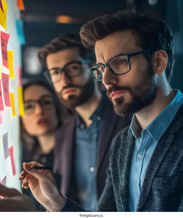 Business Team Brainstorming Ideas on Whiteboard with Sticky Notes