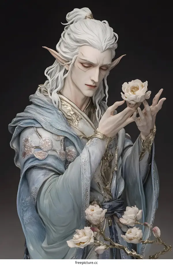 Fantasy Sculpture of an Elf Man Holding a White Flower