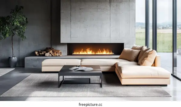Modern Concrete Living Room with Fireplace and Sectional Sofa