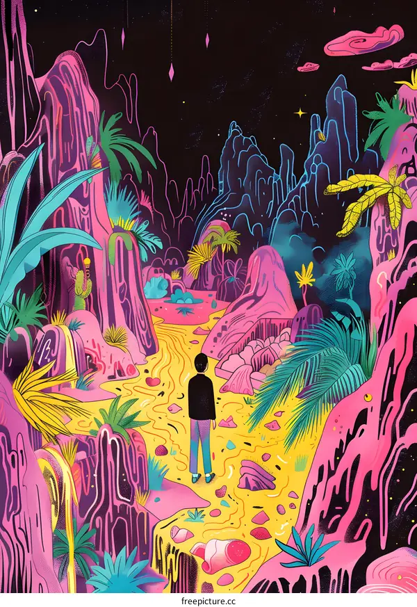 Man Walking in a Psychedelic Dreamlike Landscape