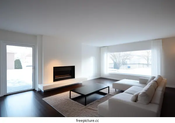 Modern Minimalist Living Room with Fireplace and Large Window