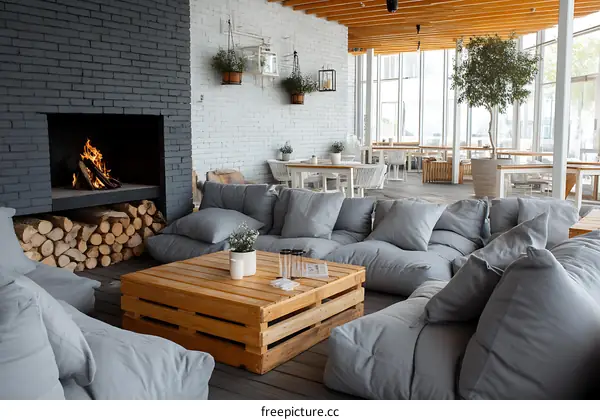 Outdoor Cafe Lounge Area with Fireplace