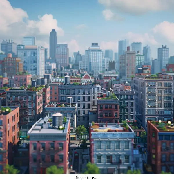 Cityscape with Rooftop Gardens and Water Towers in Urban Metropolis