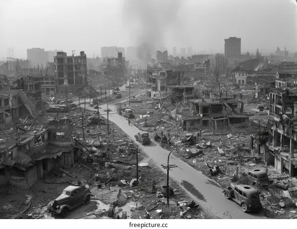 Post-war Japan in ruins after the atomic bomb