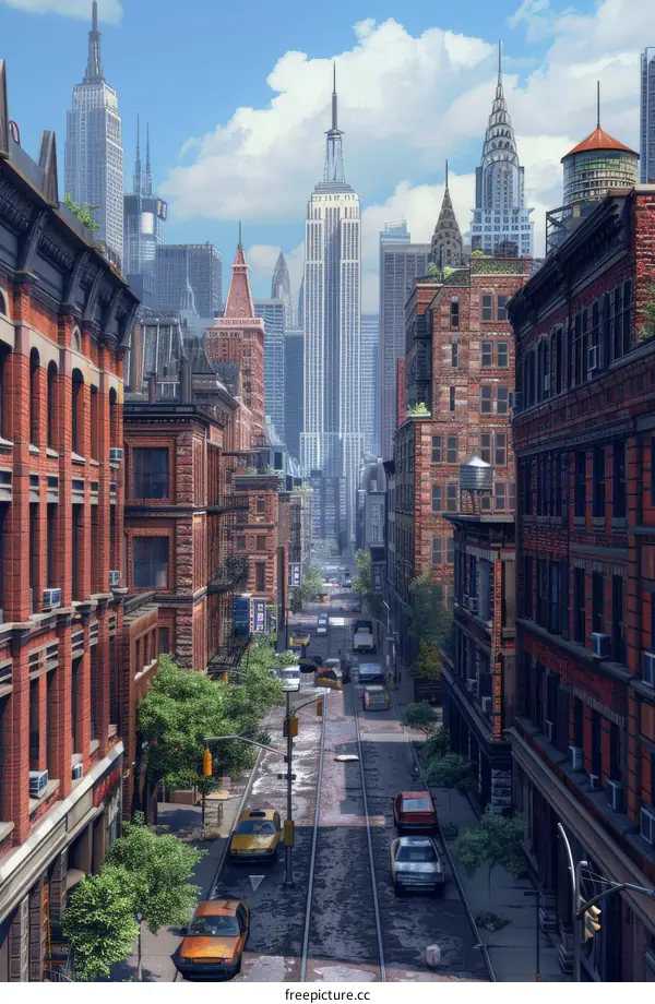 City street scene with towering skyscrapers