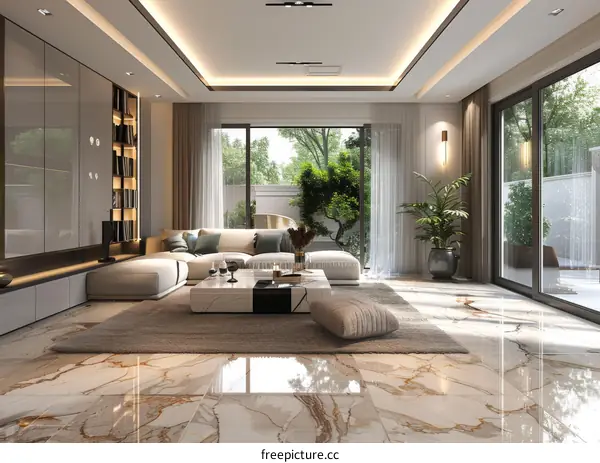 Modern Minimalist Living Room with Ample Lighting and Warm Ambiance