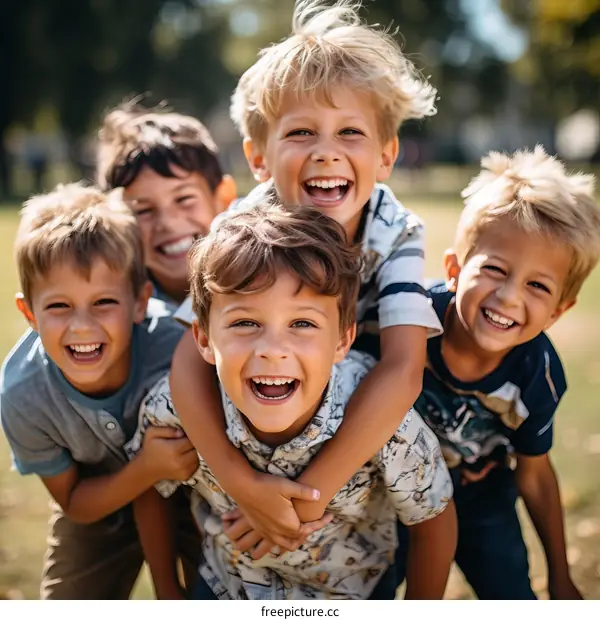 Portrait of a cheerful group of five young caucasian boys outdoors