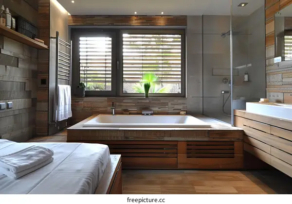 Modern Wooden Bathroom with Bathtub and Window