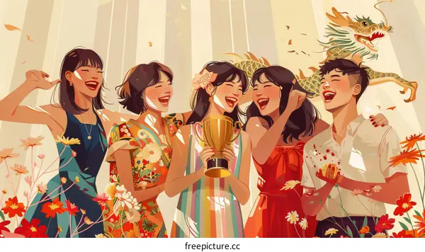 A group of young people are celebrating with a trophy.