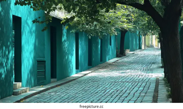Teal Alleyway with Lush Greenery