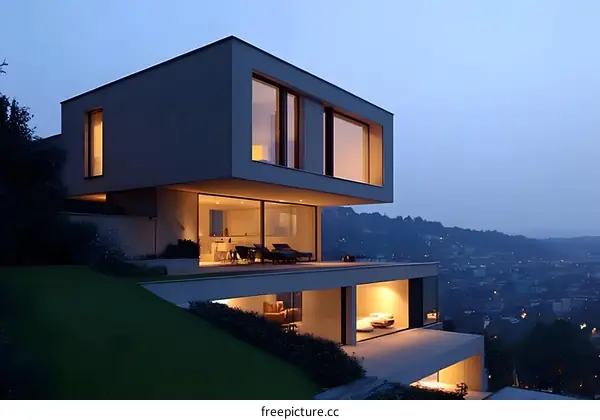 Modern House with Mountain View at Dusk