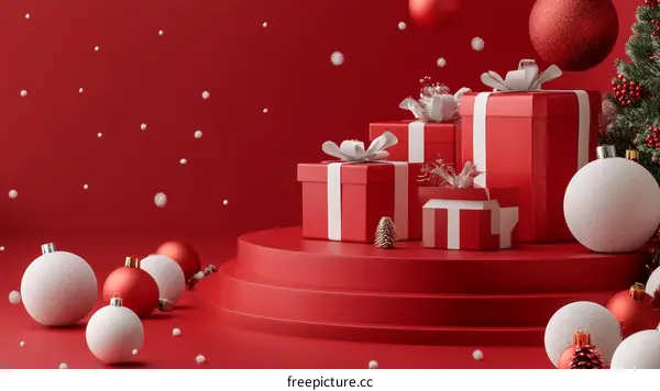 Christmas Gift Boxes and Ornaments on a Red Stage
