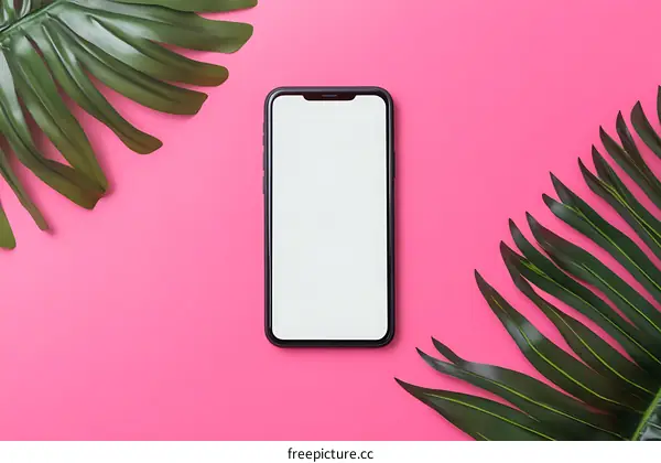 Blank Smartphone Screen With Palm Leaves on Pink Background