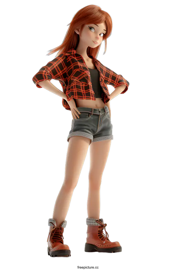 [Transparent Background PNG]Cartoon Redhead Girl in Plaid Shirt and Denim Shorts
