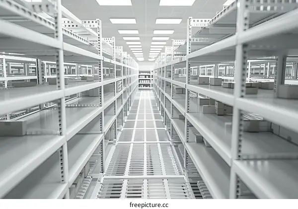 Empty White Shelving Units in Warehouse