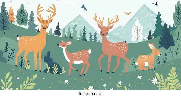 Cute Cartoon Deers in Mountain Forest