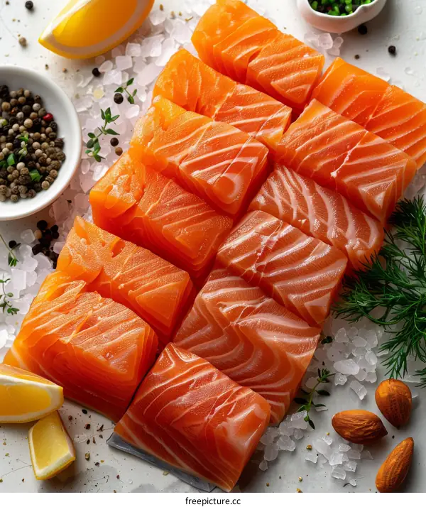 Fresh raw salmon fillet with spices and herbs on ice