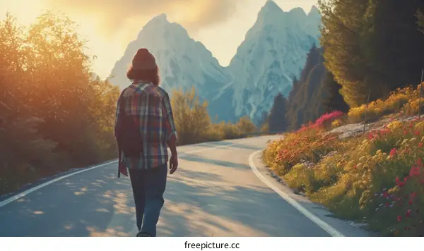 Man walking alone on a mountain road enjoying the sunset