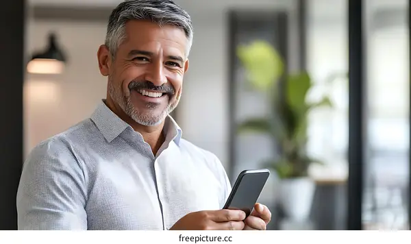 Smiling Businessman Holding Smartphone in Office