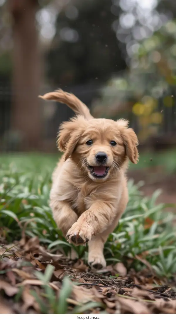 Cute Golden Retriever Puppy Running in the Grass