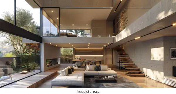 Modern house interior living room with large windows and open floor plan
