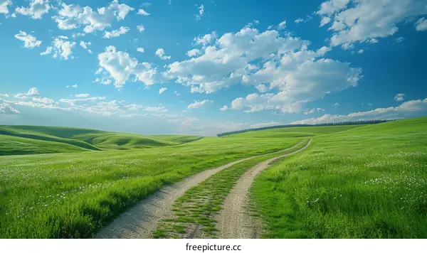 Countryside dirt road through the green fields