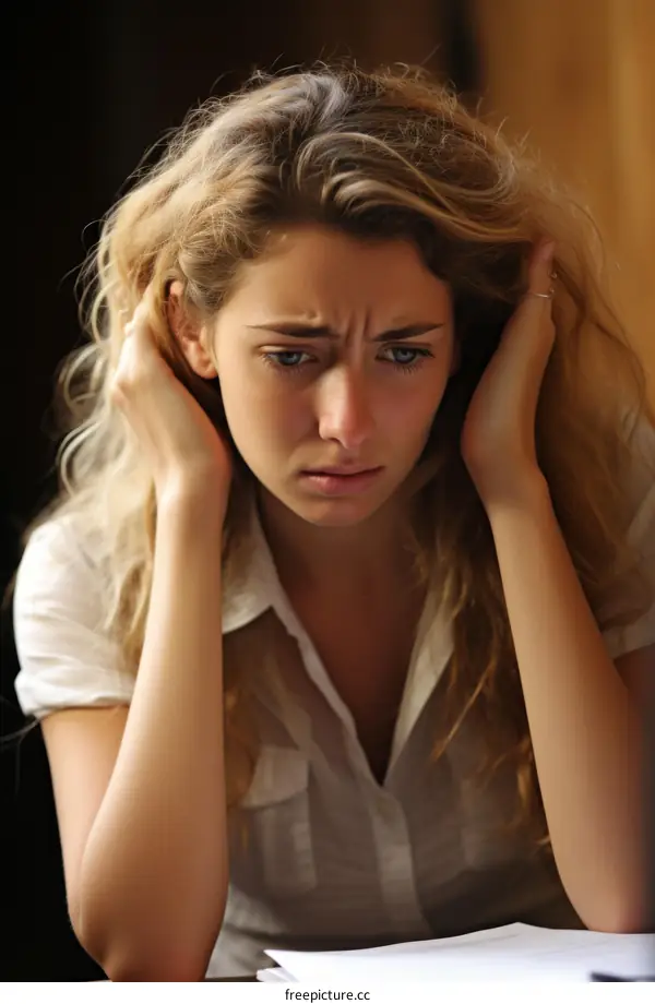 A blonde woman in a white shirt is holding her head in her hands and looking down with a worried expression on her face